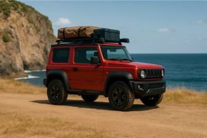 Jimny 
Vehículo 4x4 overland rojo con accesorios de expedición en el techo, estacionado frente a un acantilado con vistas al mar