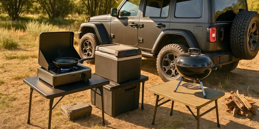 Accesorios esenciales de camping overland: cocina portátil, nevera y mesa de campamento