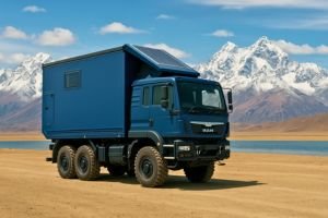 Camión overland 6x6 azul MAN preparado para expediciones, con fondo de montañas nevadas y lago en ruta de aventura