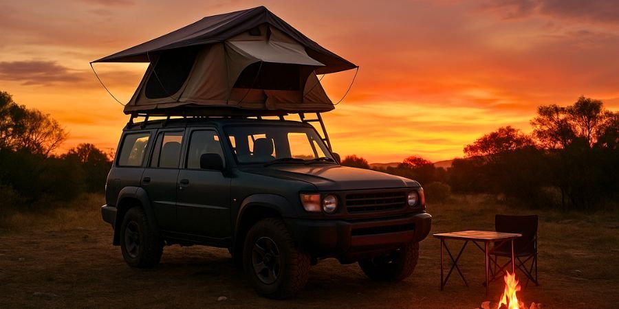 Vehículo 4x4 con tienda de techo acampando en un entorno natural