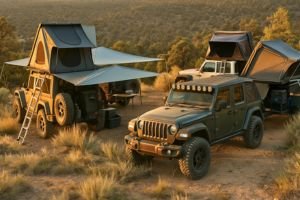 Aventura de camping overland en un 4x4 con tienda de techo y campamento al atardecer