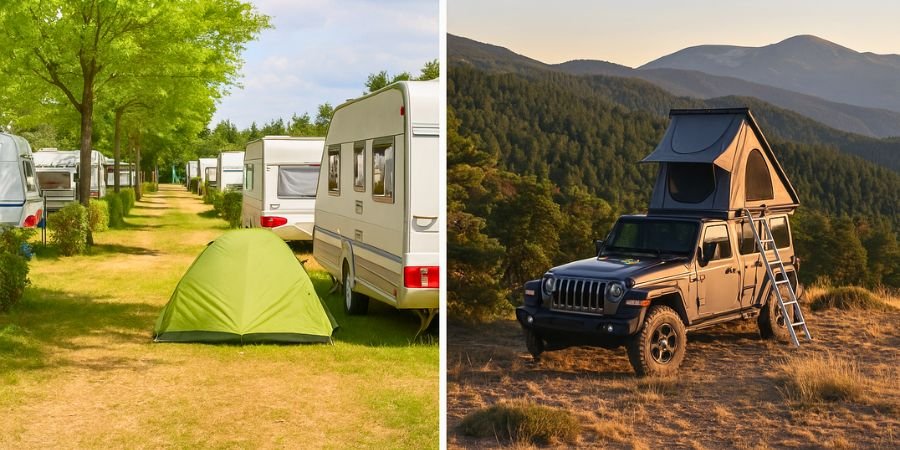 Comparación entre camping tradicional en parcelas y overlanding camping en plena naturaleza