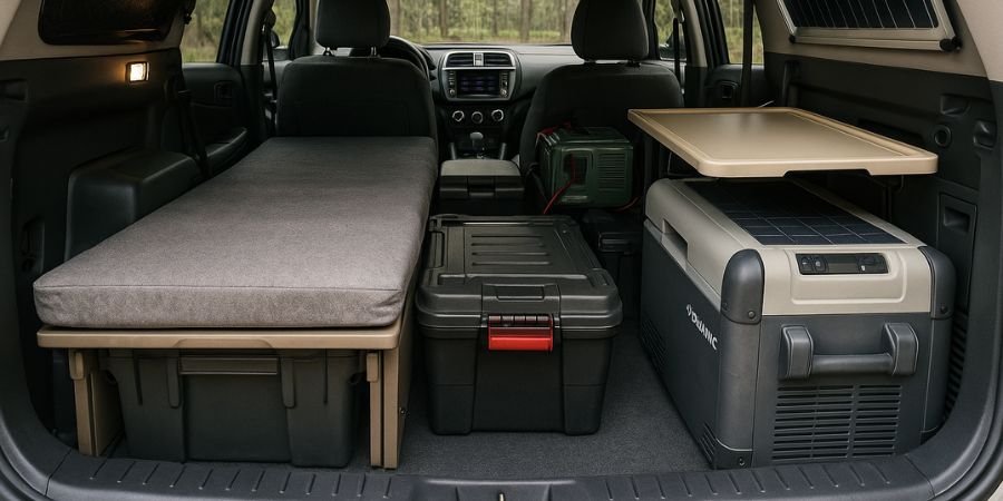 Foto del interior de un 4x4 preparado para viajar: cajas, cama, batería, placa solar, nevera portátil, etc.