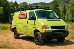 Volkswagen T4 camper 4x4 color pistacho equipada con accesorios de overlanding, 