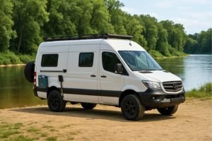 Furgoneta camperizada para overlanding estacionada en un bosque