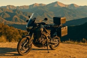 Moto trail negra equipada con maletas de viaje para overlanding, estacionada en un paisaje montañoso iluminado por el sol