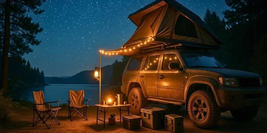 Campamento overlanding junto a un lago bajo el cielo estrellado  