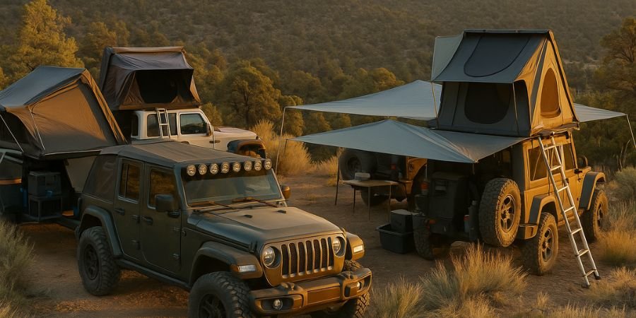 campamento de camping overland con un grupo de vehiculos overland 4x4