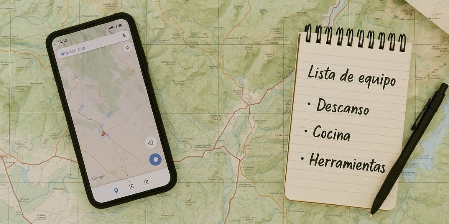 Planificación de un viaje de camping overland con mapa, GPS y lista de equipo