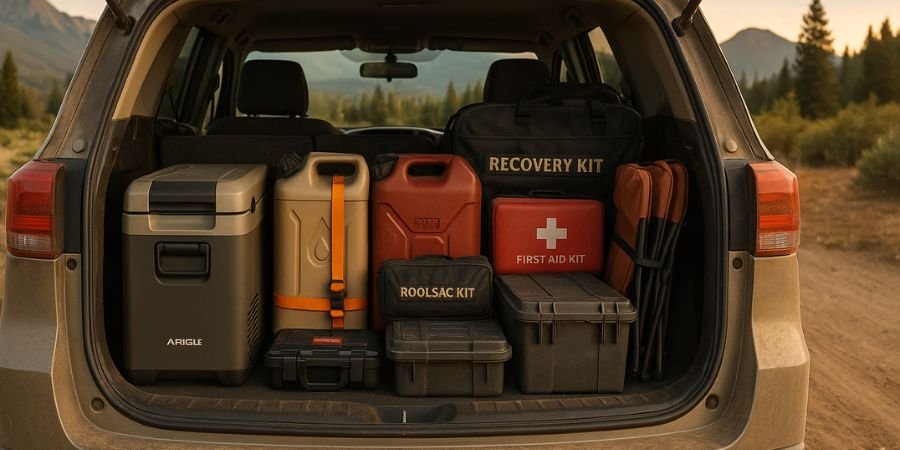 Maletero de vehículo overlanding con equipo de acampada y herramientas   