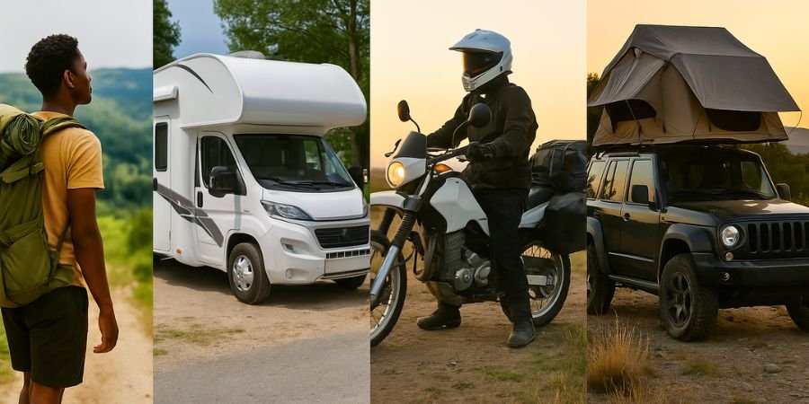 Diferencia entre un overlander y otros tipos de viajeros: mochileros, autocaravanas y motos.