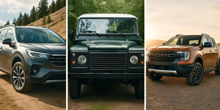 Diferentes tipos de vehículos 4x4 usados para overlanding: SUV, todoterreno clásico y pick-up