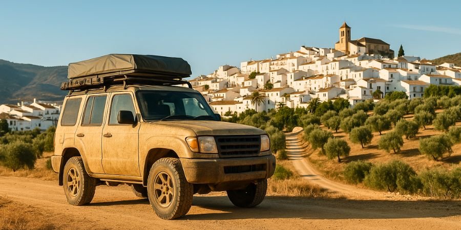 vehículo 4x4 en camino rural con un pueblo blanco andaluz al fondo
