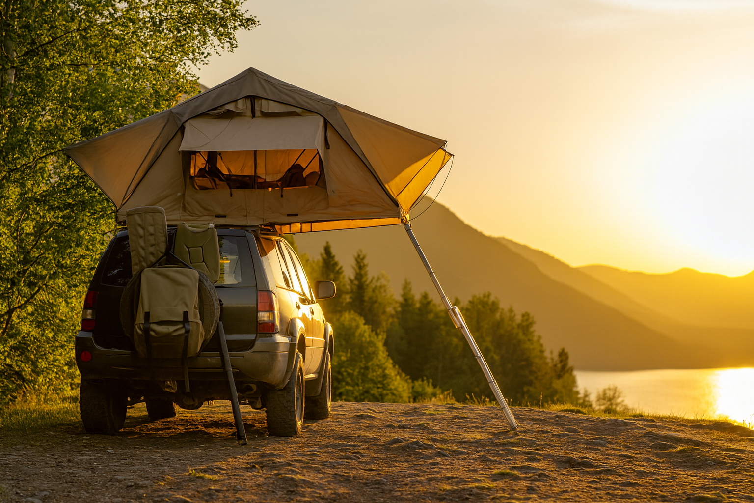 Viajero con un vehículo barato para overland acampando frente a un paisaje natural