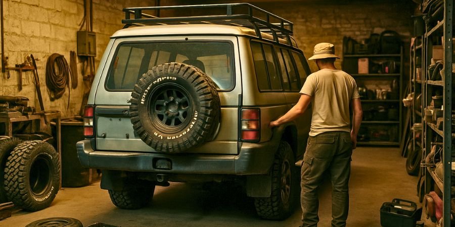 Viajero preparando un vehículo overland barato con herramientas básicas en su garaje
