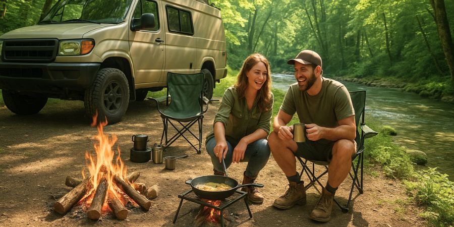 overlanders cocinando al aire libre bajo las estrellas