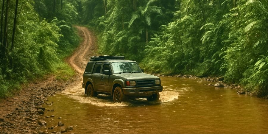 vehículo 4x4 cruzando un río en la selva tropical de Costa Rica