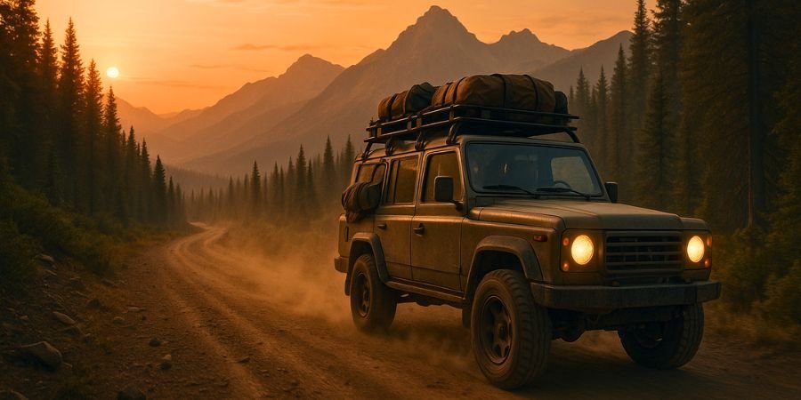 Vehículo overland 4x4 recorriendo un camino de tierra al atardecer