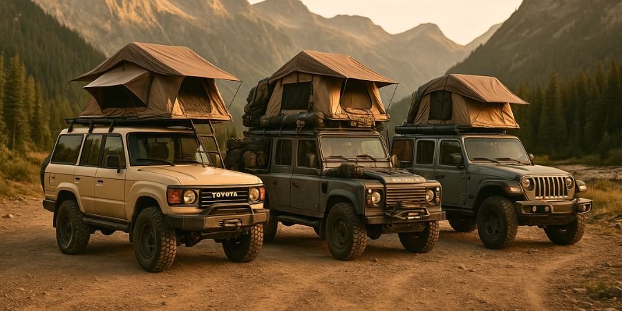 Toyota Land Cruiser, Land Rover Defender y Jeep Wrangler preparados como vehículos overland en un paisaje natural