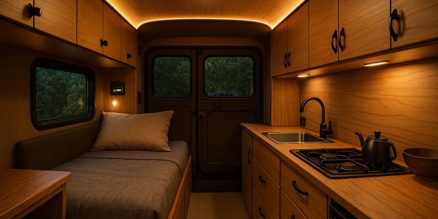 Interior de un overland camper 4x4 con cama, cocina y almacenamiento