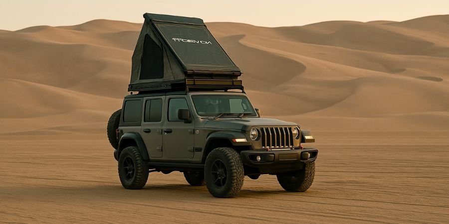 Jeep Wrangler equipado como vehículo overland en terreno desertico