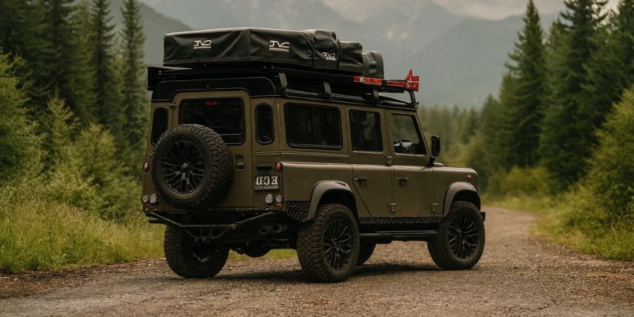 Land Rover Defender equipado como vehículo overland en un bosque
