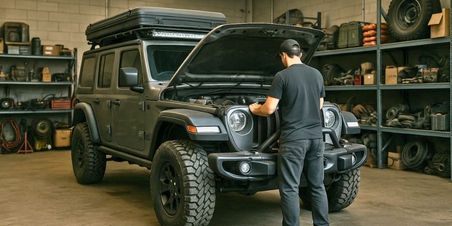 Mecánico revisando un vehículo 4x4 para overland en taller con accesorios