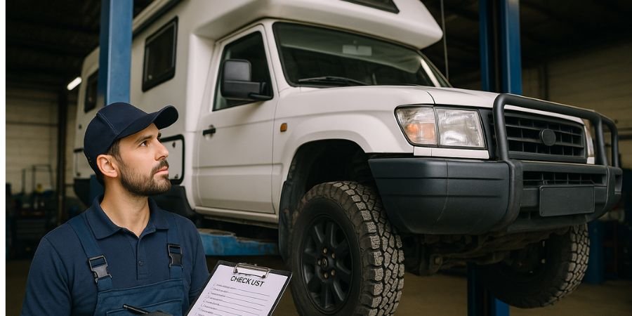 Overland camper 4x4 de segunda mano siendo revisada antes de la compra
