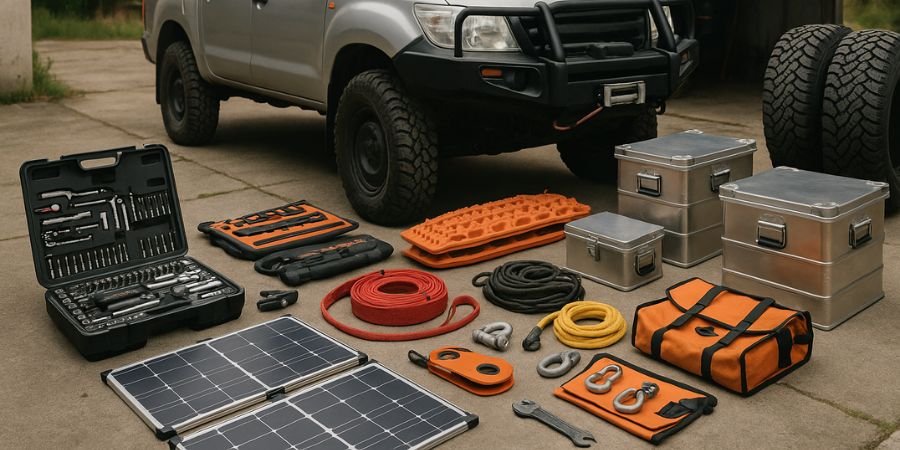 Equipo básico para preparar un vehículo de aventura off road con ruedas, almacenaje y accesorios