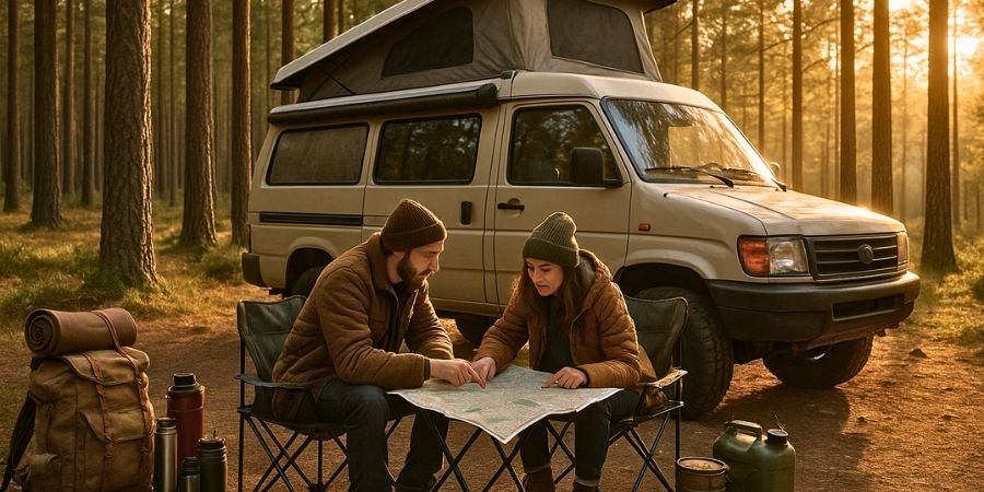 pareja revisando mapas y equipamiento junto a su camper