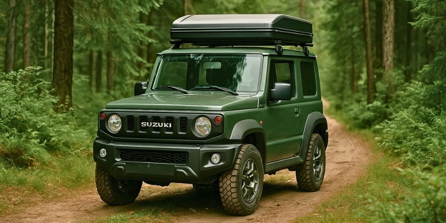 Suzuki Jimny convertido en vehículo económico para overland atravesando un bosque