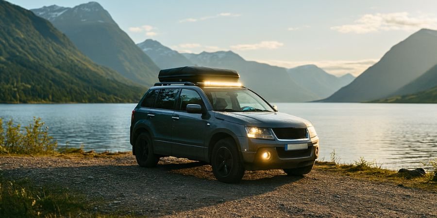 Suzuki Vitara de los 90 convertido en vehículo económico para overland en un valle