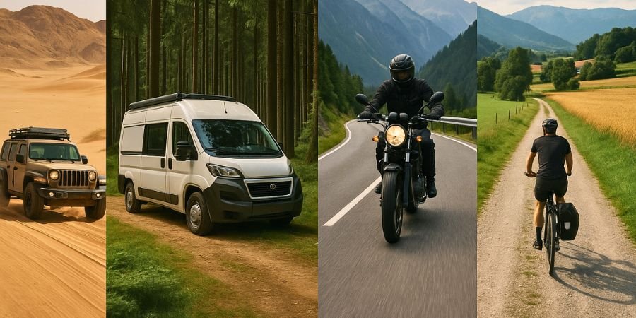 comparativa visual entre 4x4, camper, moto y bici en escenarios distintos
