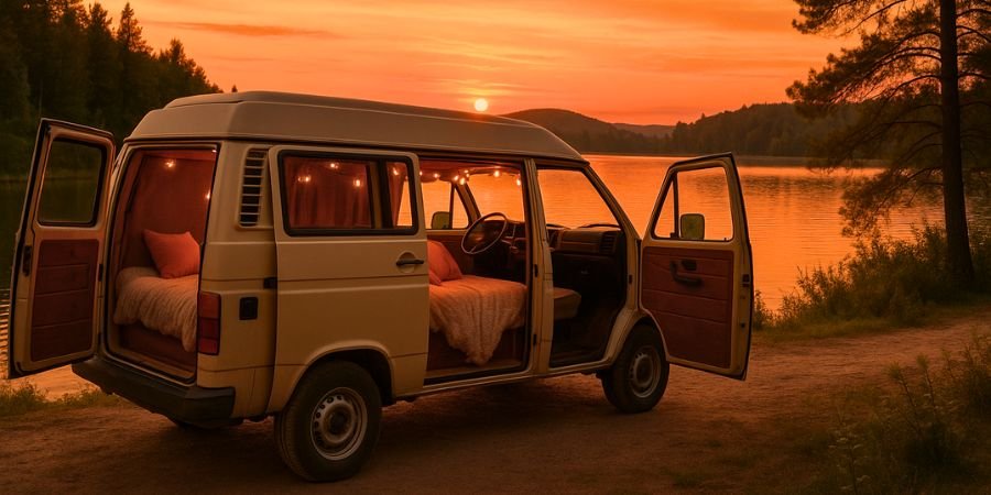 camper estacionada frente a un lago al atardecer, puertas abiertas