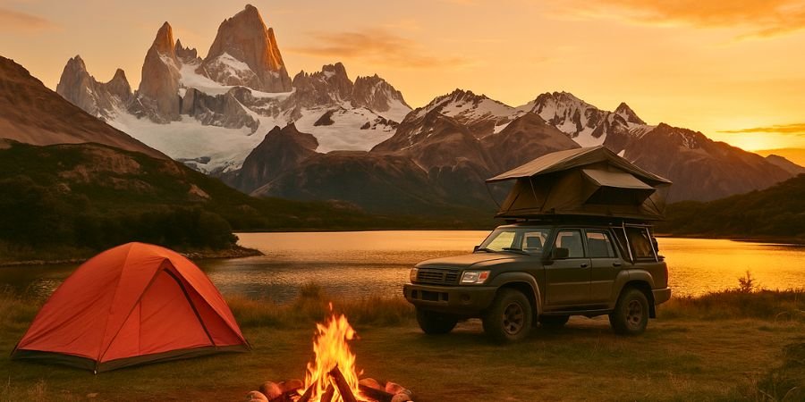 campamento overland en la Patagonia con 4x4, tienda y fogata junto a un lago