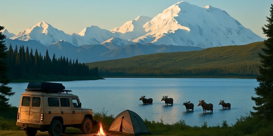 campamento overland en Alaska junto a un lago rodeado de montañas