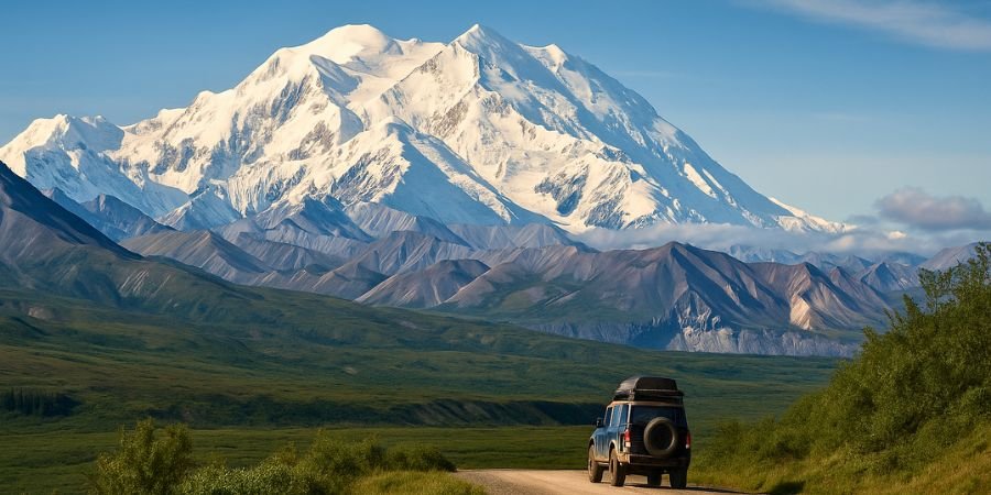 paisaje de Denali National Park con montañas nevadas y fauna salvaje