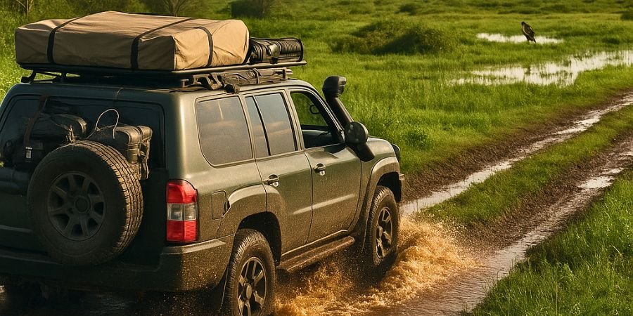 vehículo 4x4 cruzando un camino embarrado junto a los Esteros del Iberá