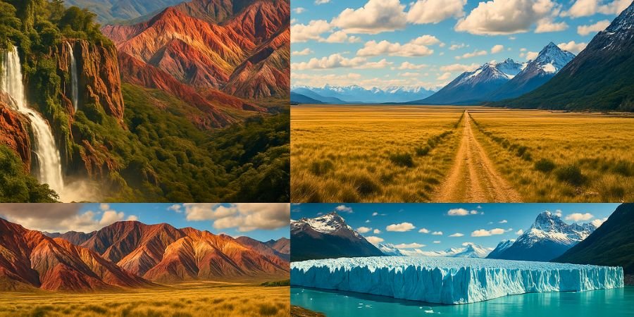 diversidad de paisajes en Argentina: selva, montaña, desierto y glaciares