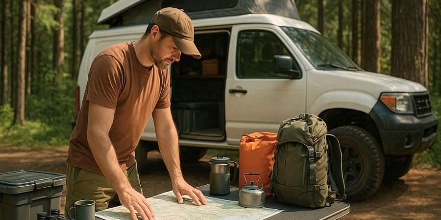 viajero revisando mapas y equipamiento para un viaje overland en Alaska