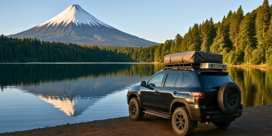 Aucarania overland 4x4 chilefoverland en chile 4x4 Overland acampando frente a un lago y volcán en la región de la Araucanía, Chile