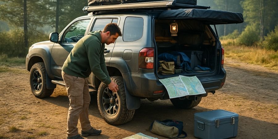 equipamiento overland chile overlander preparando su vehículo 4x4 en Chile, revisando neumáticos y equipo de camping