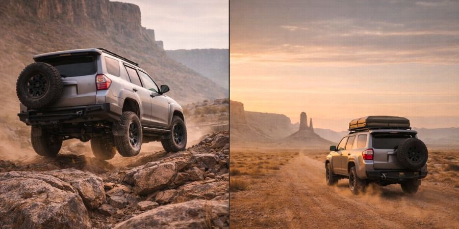 Comparativa entre 4x4 superando obstáculo extremo y vehículo overland recorriendo pista larga