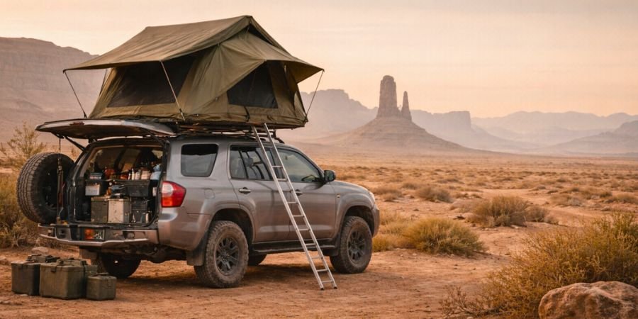 Vehículo 4x4 overland con tienda de techo y equipamiento organizado listo para viaje largo