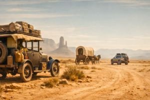 Expedición histórica por tierra comparada con vehículo overland moderno en paisaje desértico