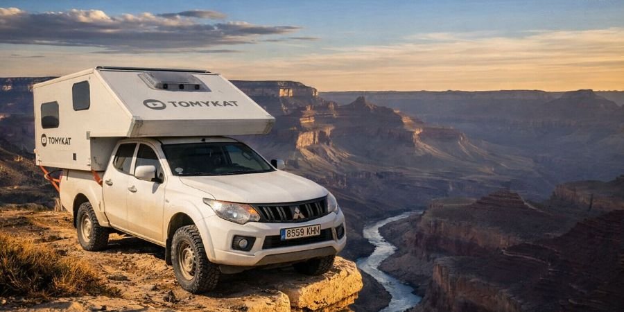 Vehículo overland de TomyKat frente a un horizonte infinito al atardecer