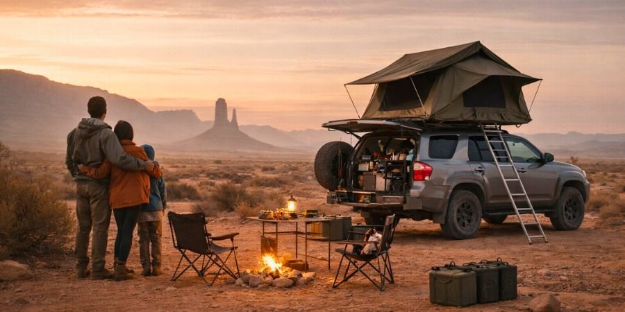 Viajeros overland junto a su vehículo 4x4 en campamento al amanecer en paisaje abierto