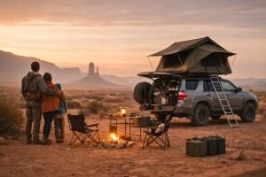 Viajeros overland junto a su vehículo 4x4 eviendo el amanecer